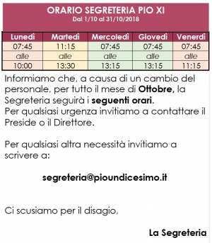 nuovi orari segreteria ottobre